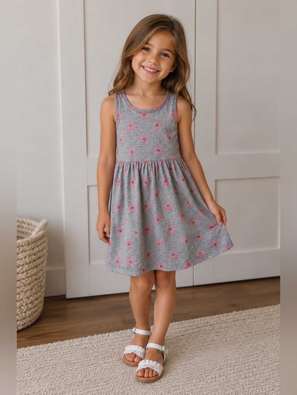 Carter's Casual Skater Dress Girls Grey Tank Dress with Pink Heart Print Small